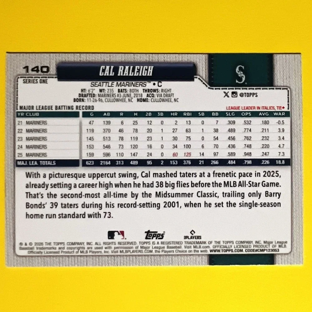 2026 Topps Cal‎ Raleigh #140 Rainbow Foil Parallel Seattle Mariners Series 1